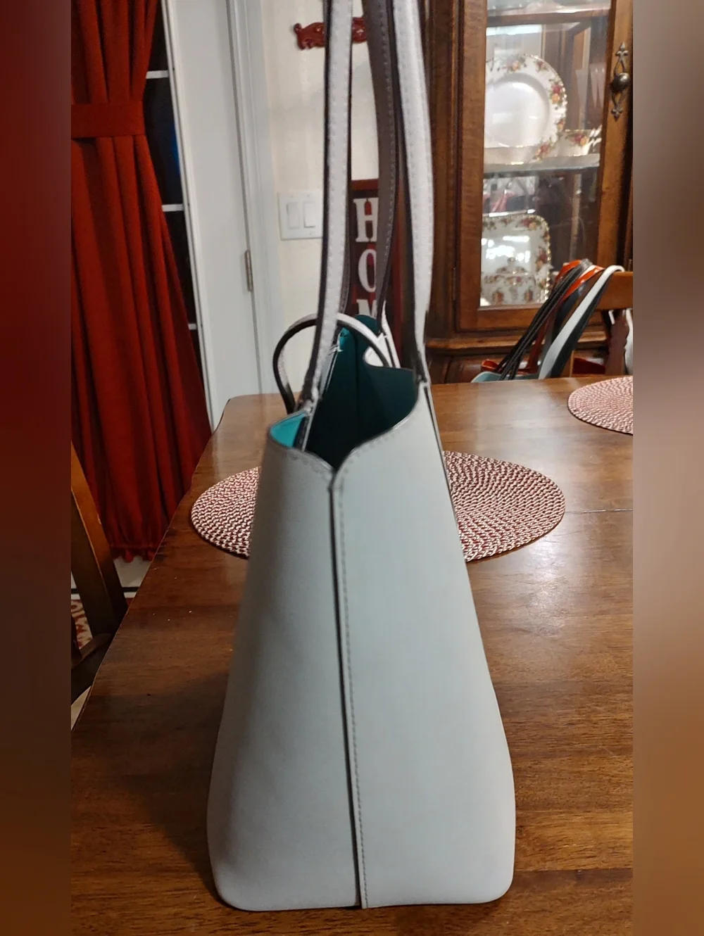 kate spade Light Gray Leather Tote with Turquoise Interior